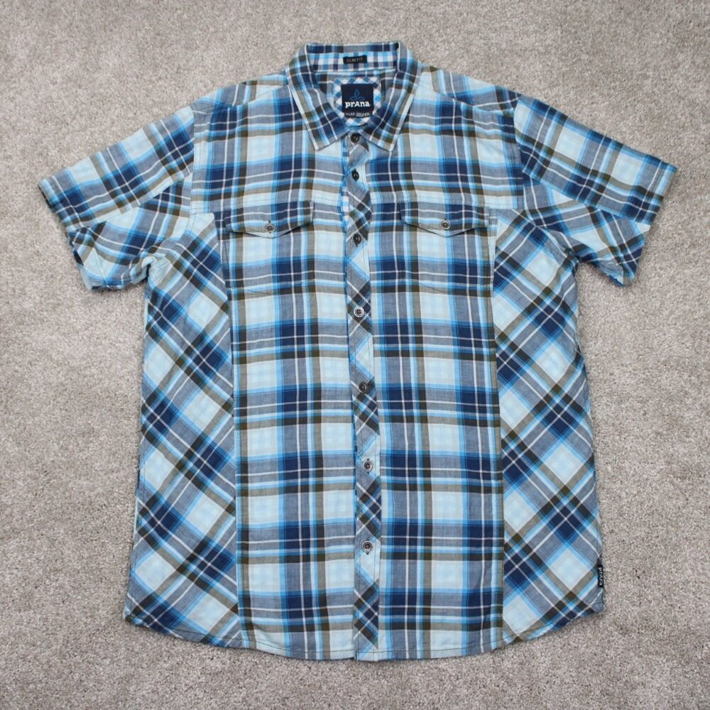 Prana Zoltan Shirt Men XL Blue/White Slim Fit Organic Cotton Short Sleeve Button